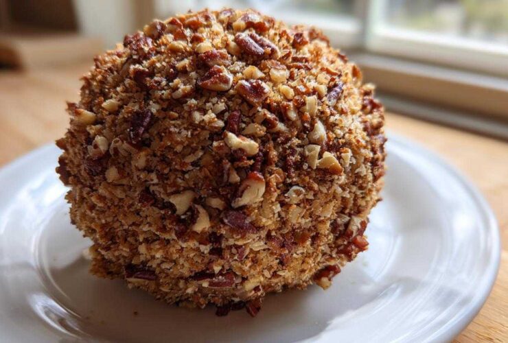 A close-up of a perfectly formed pineapple cheese ball completely coated in chopped pecans, resting on a white plate.