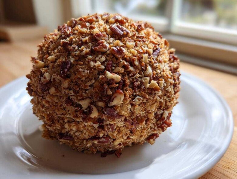 A close-up of a perfectly formed pineapple cheese ball completely coated in chopped pecans, resting on a white plate.