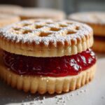 A close-up of a single linzer cookie sandwich filled with bright red jam and dusted with powdered sugar.