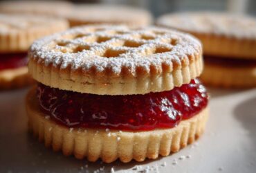 A close-up of a single linzer cookie sandwich filled with bright red jam and dusted with powdered sugar.