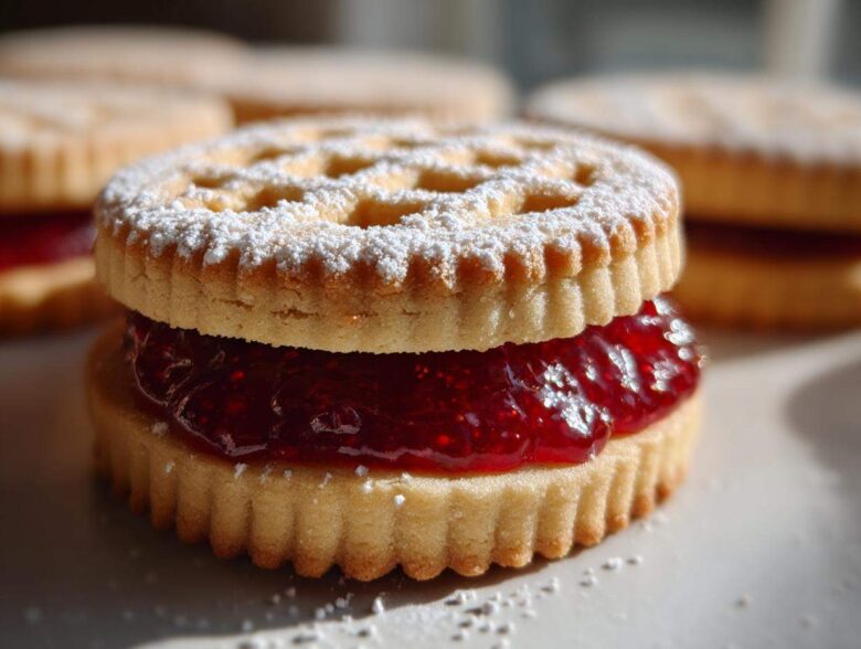 A close-up of a single linzer cookie sandwich filled with bright red jam and dusted with powdered sugar.