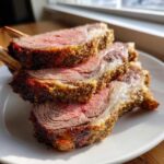 Three thick slices of medium-rare prime rib recipe roast stacked on a white plate, showing a seasoned crust.