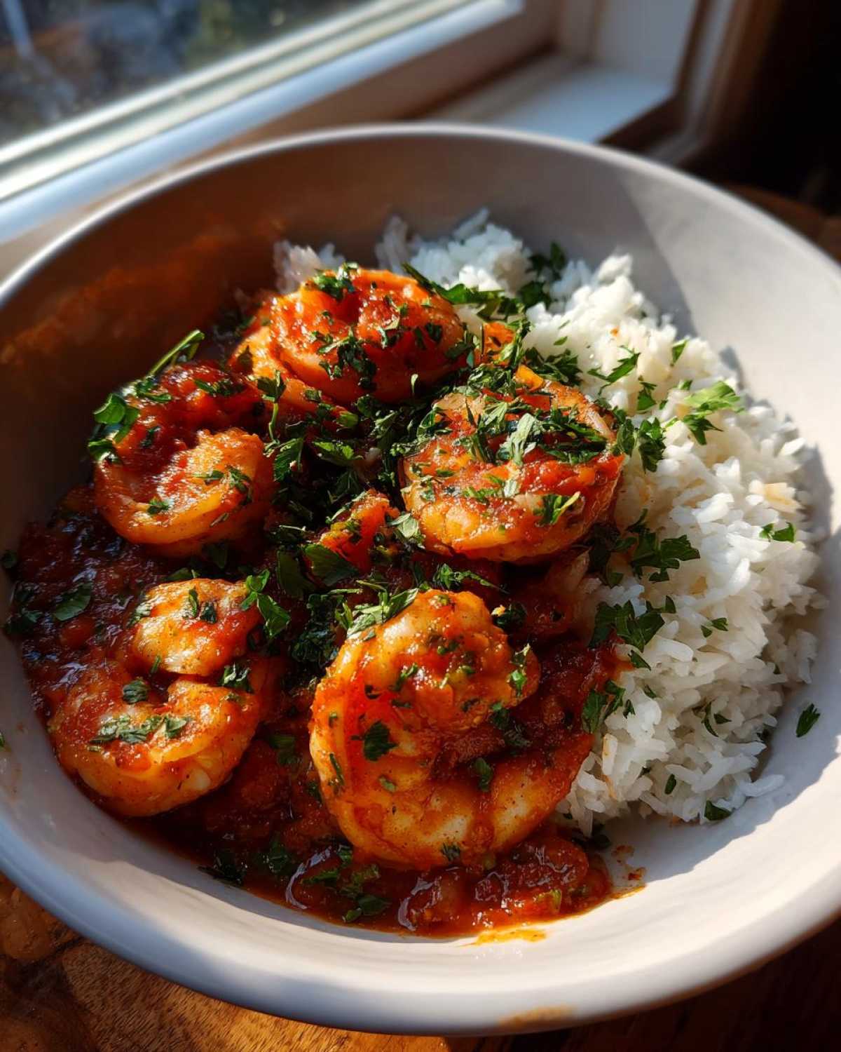 A bowl of vibrant shrimp creole in a rich tomato sauce served next to white rice and garnished with fresh parsley.