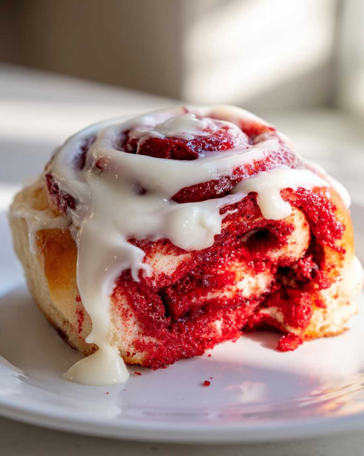 A close-up of a single, soft red velvet cinnamon roll generously covered in white cream cheese frosting.
