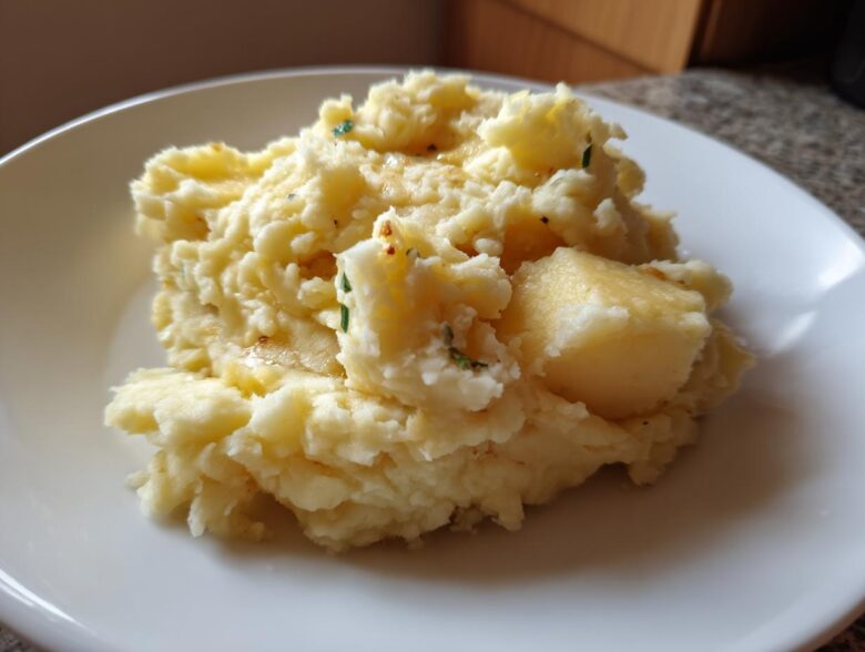 A close-up of fluffy roasted garlic mashed potatoes topped with melted butter and herbs on a white plate.
