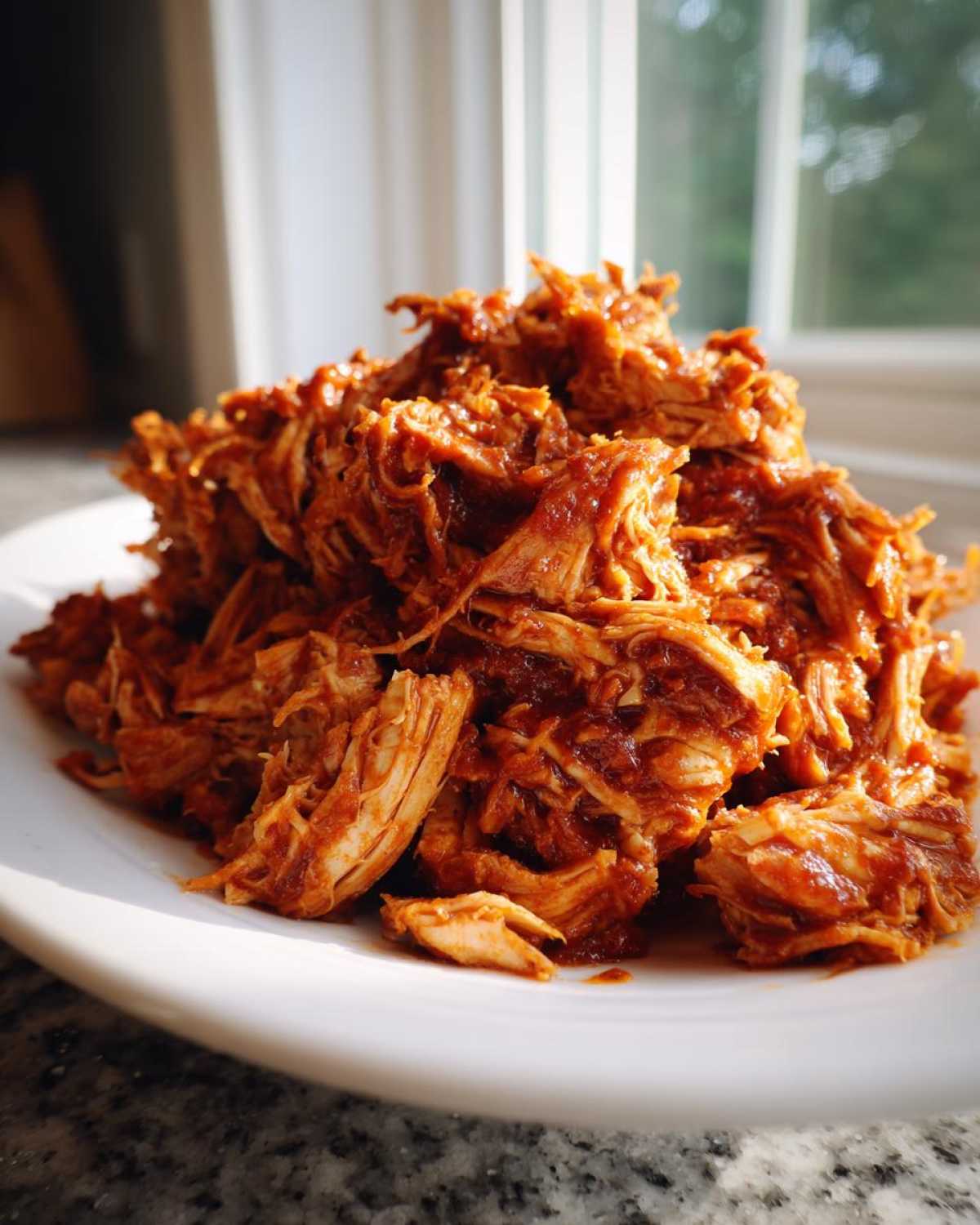 A close-up, brightly lit mound of saucy pulled chicken piled high on a white plate.