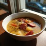 A close-up of a steaming bowl of sauerkraut soup featuring slices of smoked sausage, potatoes, and carrots.