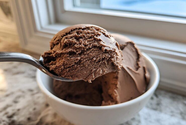A spoonful of rich, dark chocolate mousse being lifted from a white bowl near a window.