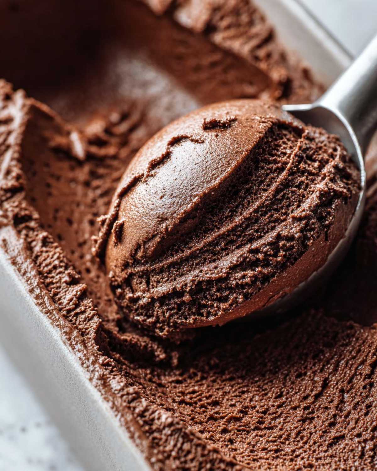 A metal scoop creating a perfect sphere of rich, dark chocolate mousse in a container.