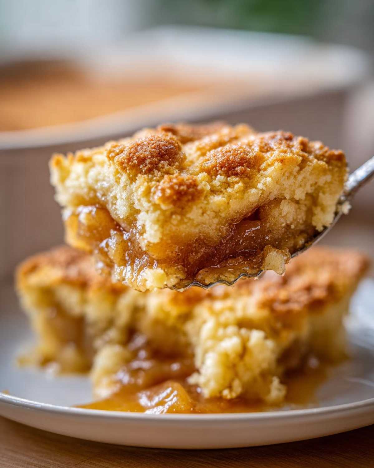 A spoonful of warm, gooey apple cobbler being lifted from a white plate.