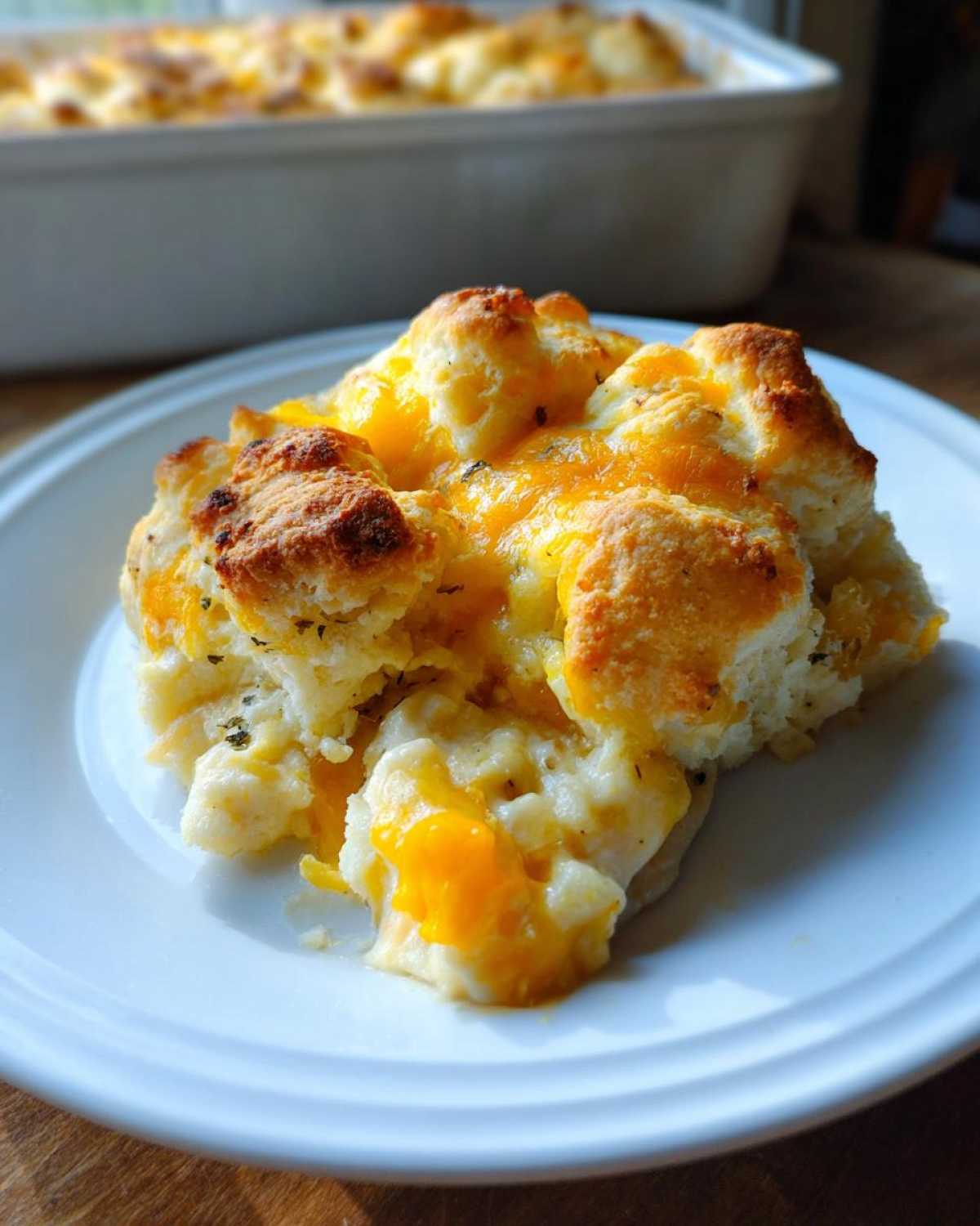 A close-up serving of cheesy chicken cobbler with golden biscuit topping on a white plate.