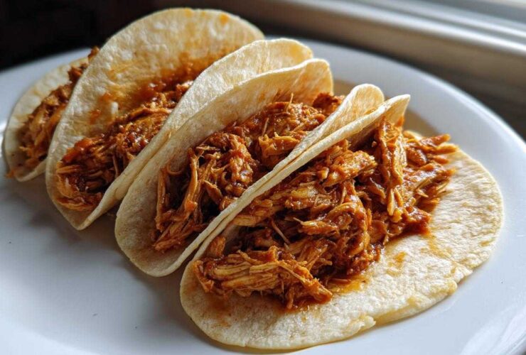 Three soft corn tortillas filled generously with saucy shredded chicken tacos, ready to eat.