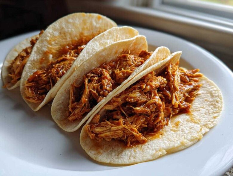 Three soft corn tortillas filled generously with saucy shredded chicken tacos, ready to eat.