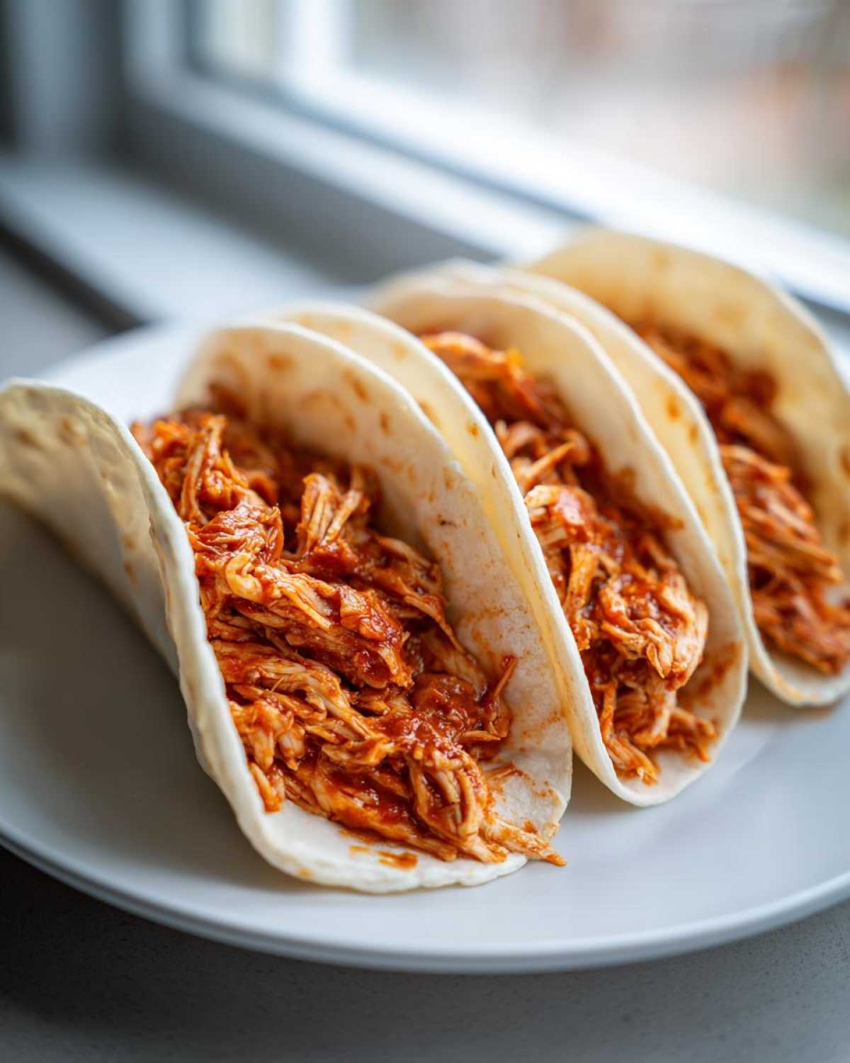 Three soft tortilla chicken tacos filled with saucy, shredded chicken, ready to eat.