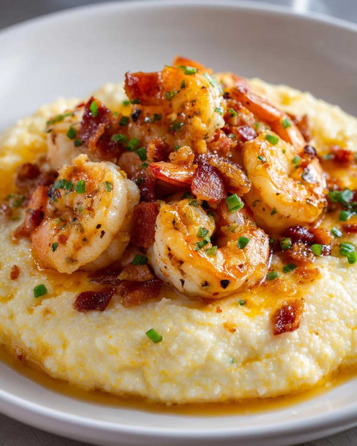 A close-up view of creamy shrimp and grits topped with perfectly cooked shrimp, crispy bacon bits, and chives.
