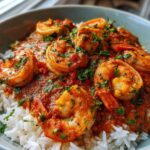 Close-up of vibrant Shrimp Creole sauce with large shrimp served over fluffy white rice, garnished with parsley.