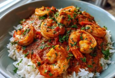 Close-up of vibrant Shrimp Creole sauce with large shrimp served over fluffy white rice, garnished with parsley.