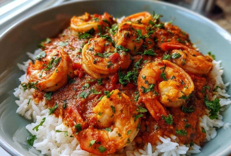 Close-up of vibrant Shrimp Creole sauce with large shrimp served over fluffy white rice, garnished with parsley.