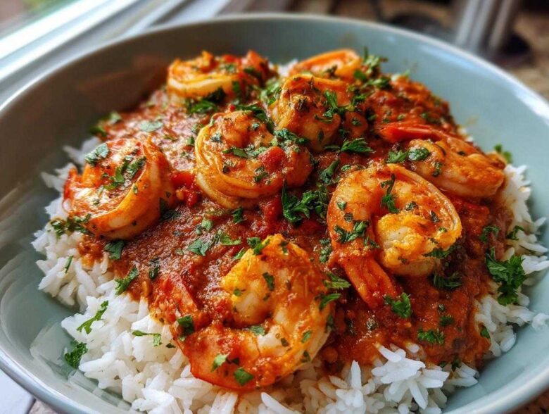 Close-up of vibrant Shrimp Creole sauce with large shrimp served over fluffy white rice, garnished with parsley.