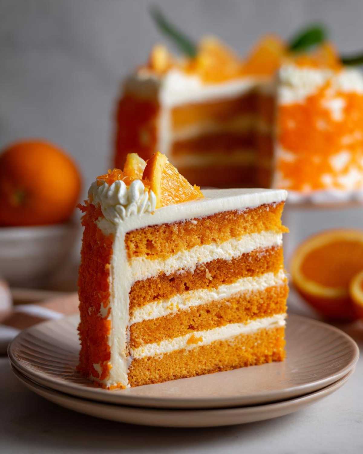 A tall slice of Creamsicle Cake with four layers of orange cake and white frosting, garnished with orange pieces.