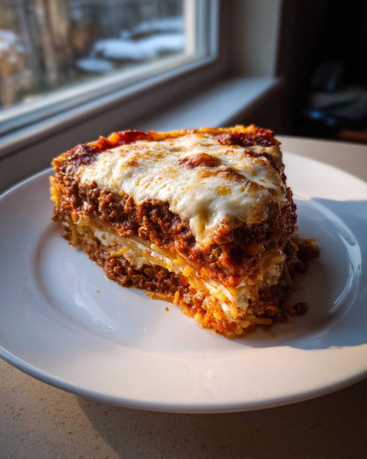 A thick, layered slice of spaghetti pie featuring meat sauce and melted mozzarella cheese, served on a white plate.