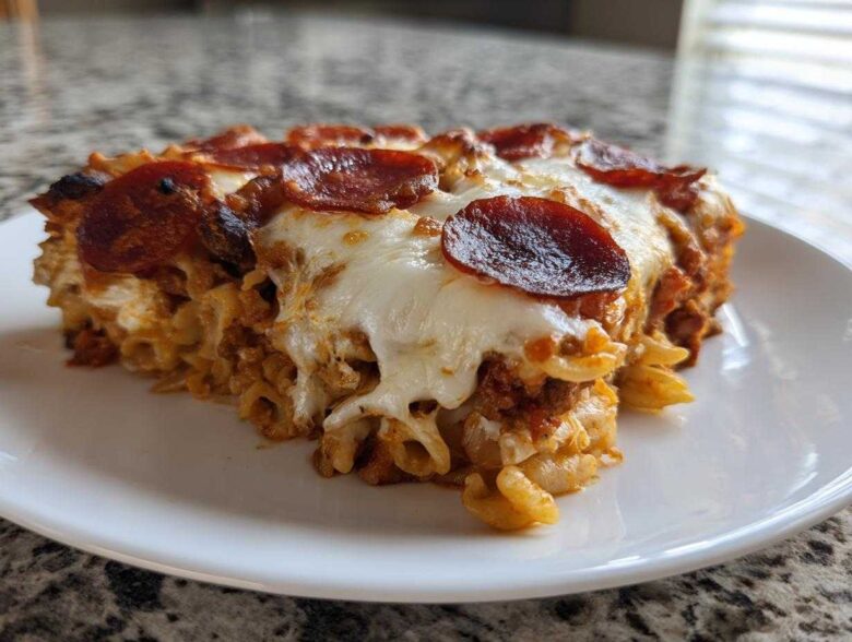 A generous slice of baked pizza casserole topped with melted mozzarella and crispy pepperoni on a white plate.