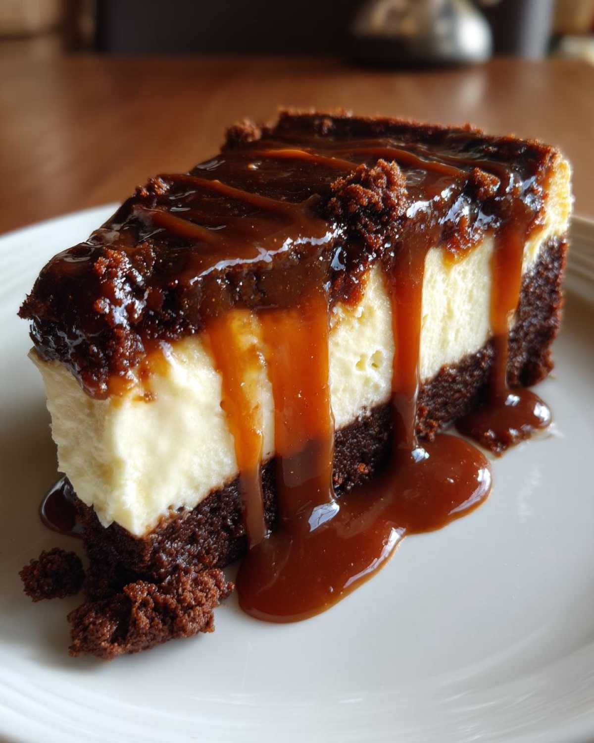 A decadent slice of salted caramel cheesecake featuring a dark chocolate crust and rich caramel drizzle.