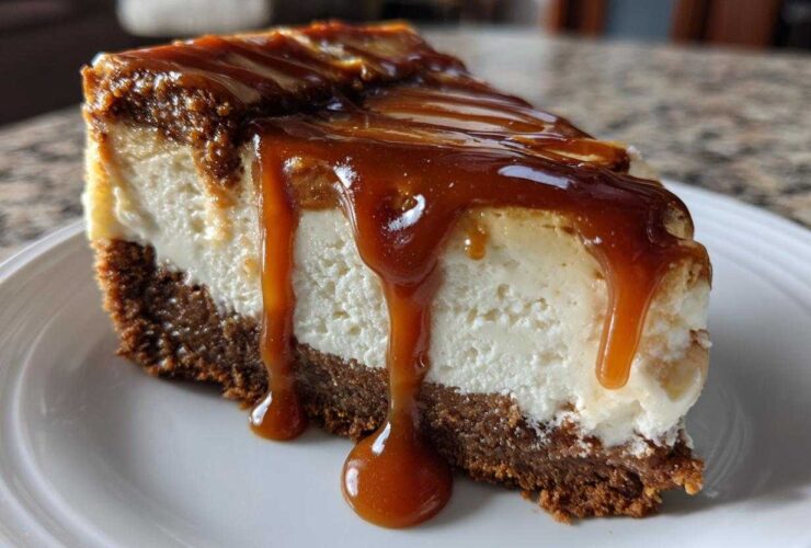 A decadent slice of salted caramel cheesecake with a thick graham cracker crust and rich caramel sauce dripping down the side.