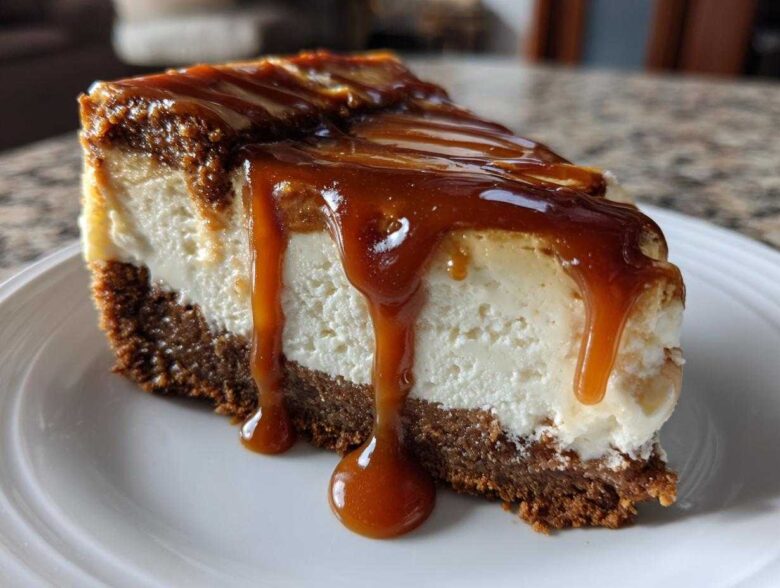 A decadent slice of salted caramel cheesecake with a thick graham cracker crust and rich caramel sauce dripping down the side.