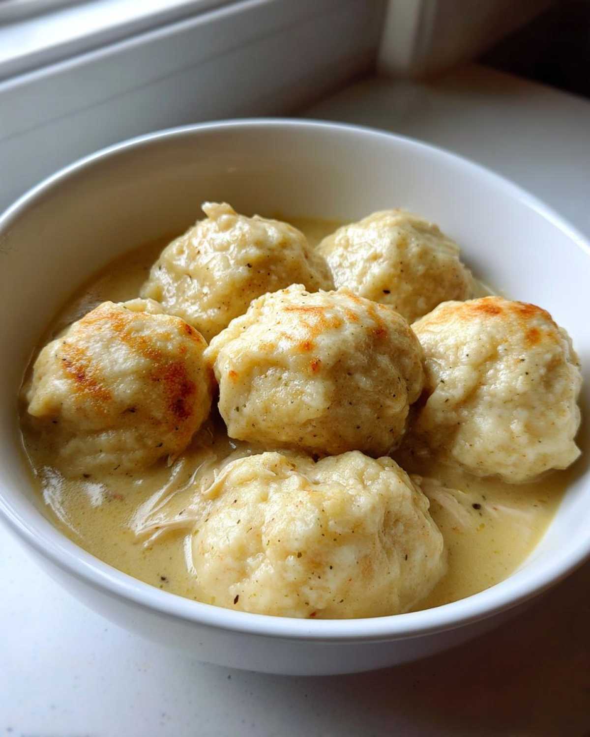 Close-up of a white bowl filled with creamy slow cooker chicken and dumplings, featuring five fluffy dumplings with browned tops.