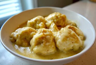 Close-up of fluffy dumplings smothered in creamy sauce from slow cooker chicken and dumplings in a white bowl.