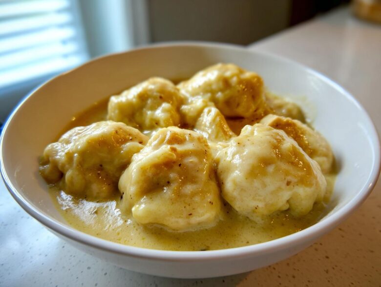 Close-up of fluffy dumplings smothered in creamy sauce from slow cooker chicken and dumplings in a white bowl.