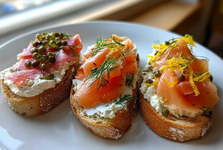 Three slices of crostini topped with cream cheese, smoked salmon, capers, dill, and lemon zest.