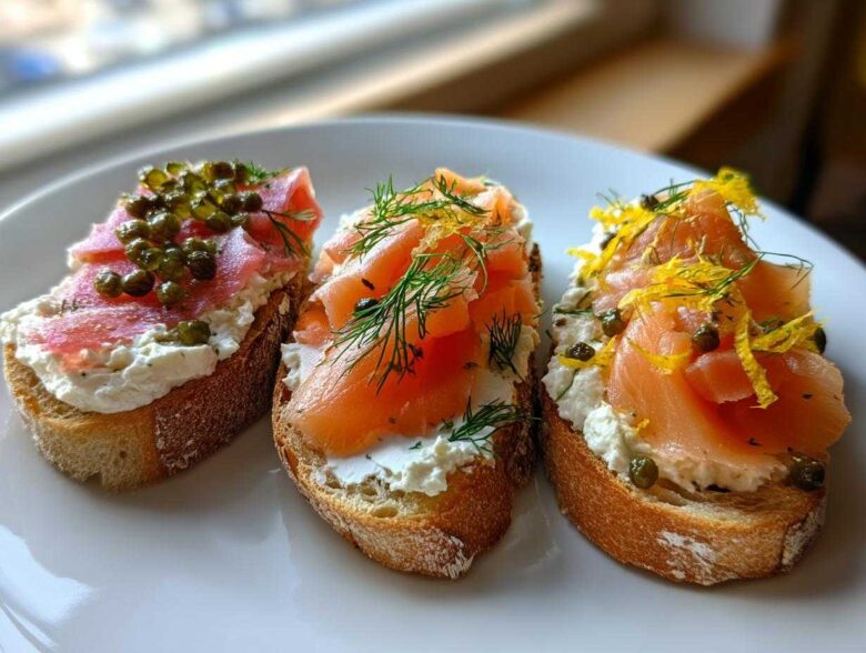 Three slices of crostini topped with cream cheese, smoked salmon, capers, dill, and lemon zest.