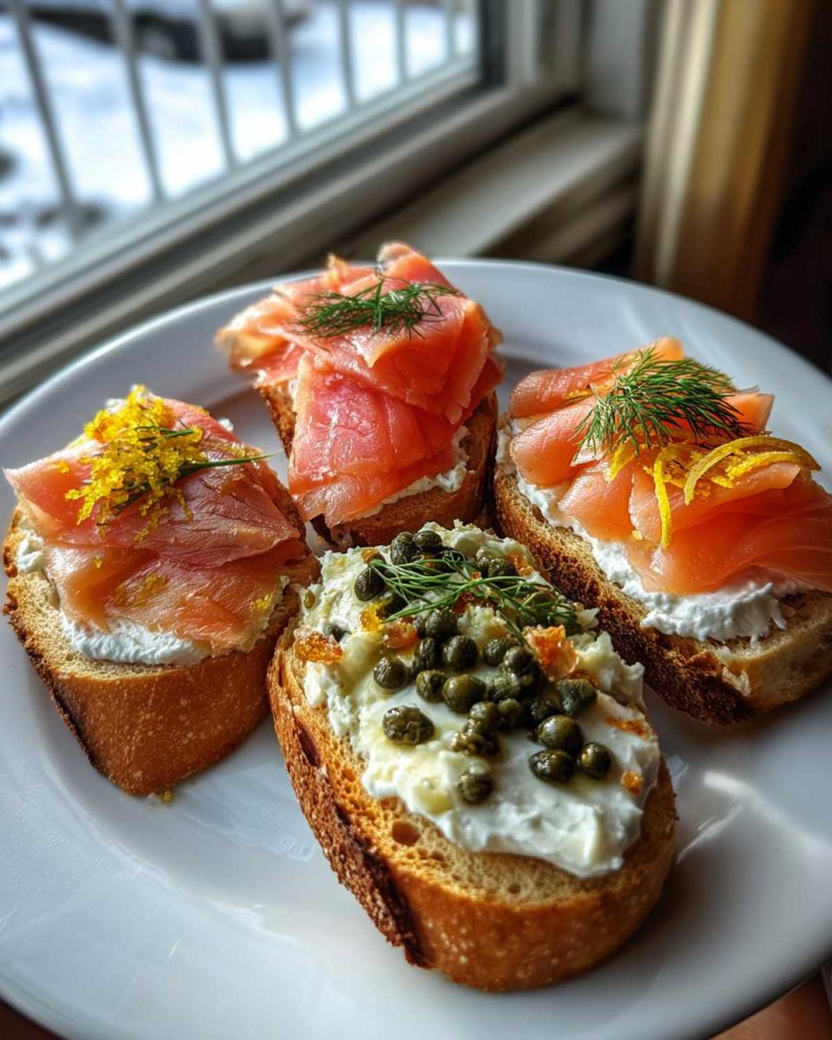 Four different smoked salmon crostini appetizers topped with cream cheese, dill, capers, and citrus zest.