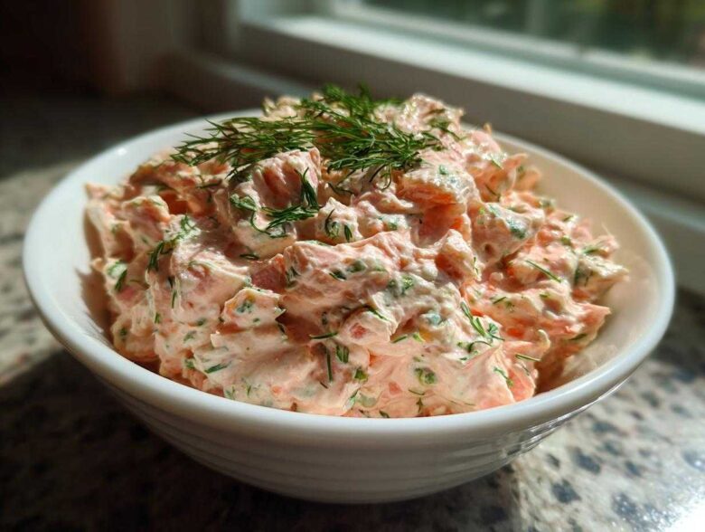 A close-up of a white bowl filled with creamy, chunky smoked salmon dip garnished with fresh dill.
