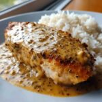 A close-up of perfectly cooked smothered chicken and rice, featuring a creamy, herb-flecked sauce.