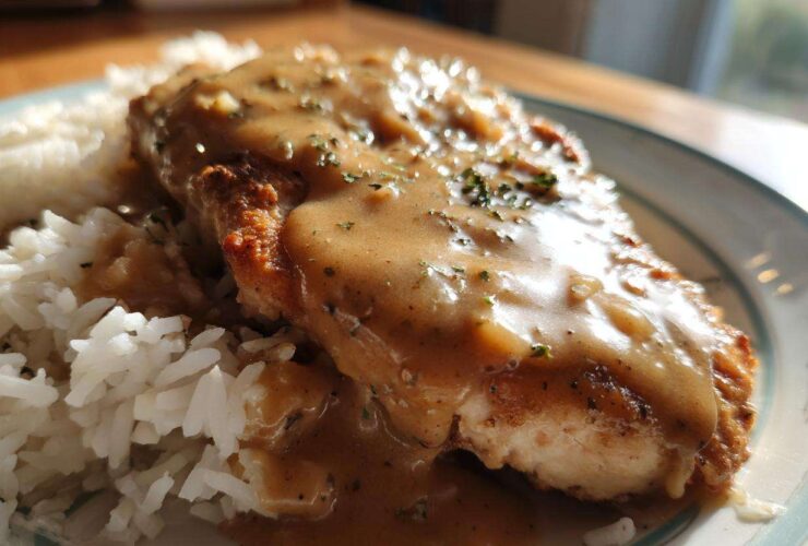 Close-up of a breaded chicken breast covered in rich brown gravy served alongside fluffy white rice, a perfect smothered chicken and rice dish.