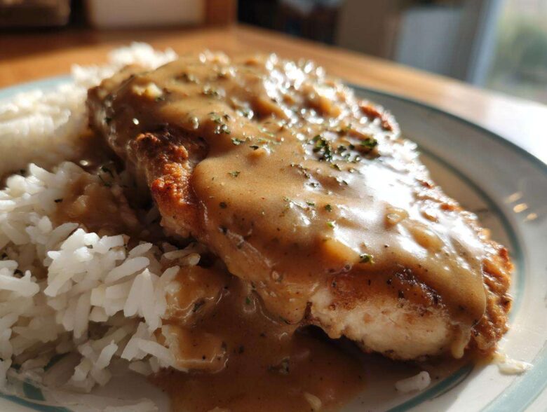 Close-up of a breaded chicken breast covered in rich brown gravy served alongside fluffy white rice, a perfect smothered chicken and rice dish.