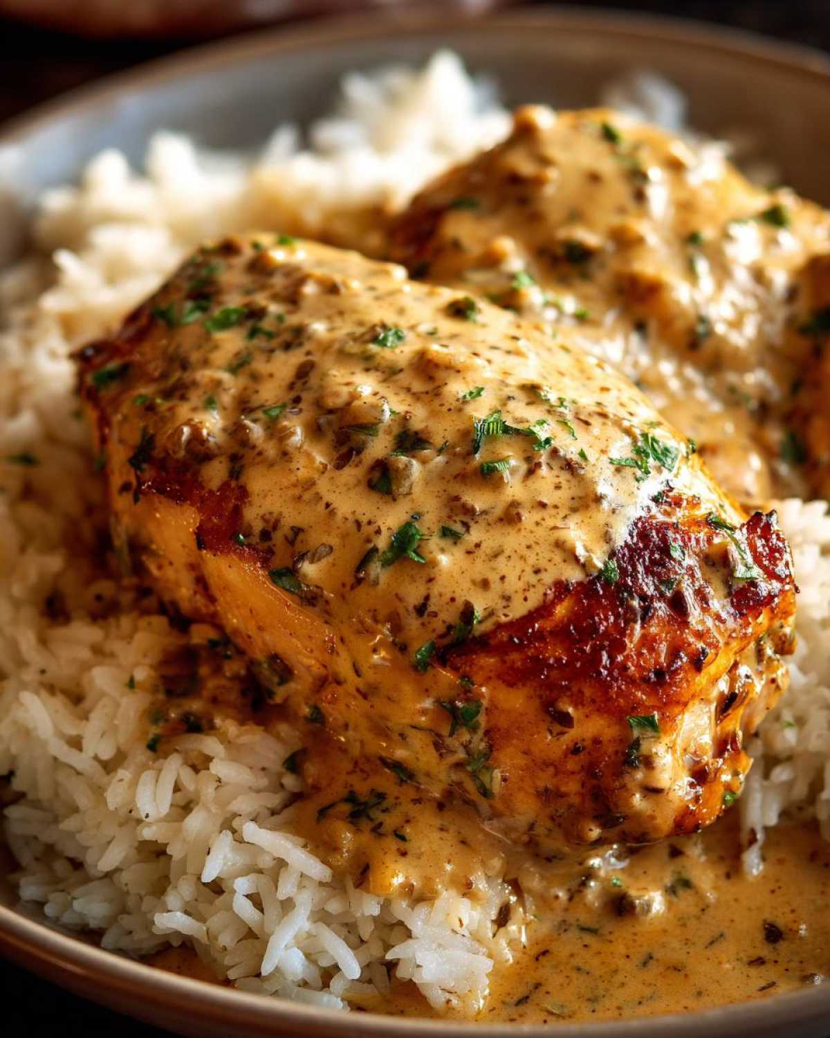 Two pieces of perfectly seared smothered chicken and rice covered in a rich, creamy, herb-flecked sauce.