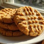 A stack of soft peanut butter cookies featuring the classic crisscross fork marks, illuminated by window light.