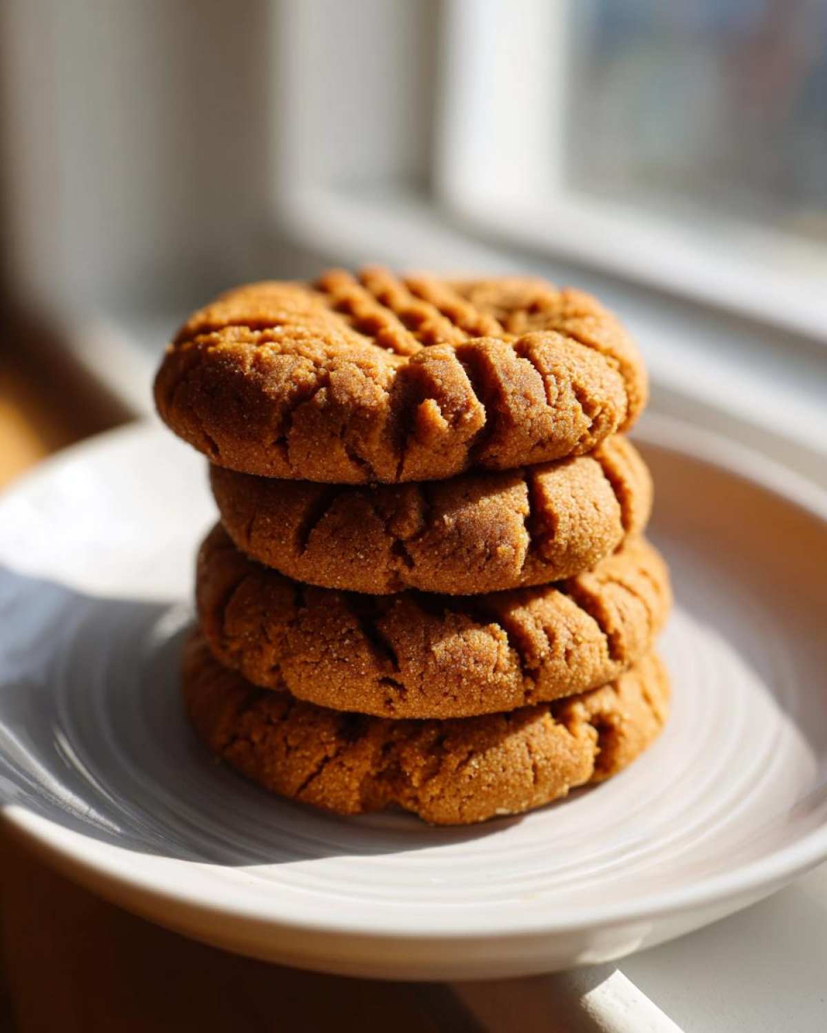 A stack of four soft peanut butter cookies showing the classic criss-cross fork marks, set against a bright window.
