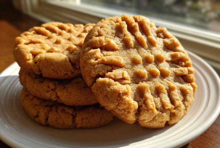 A stack of soft peanut butter cookies featuring the classic crisscross fork marks, illuminated by window light.