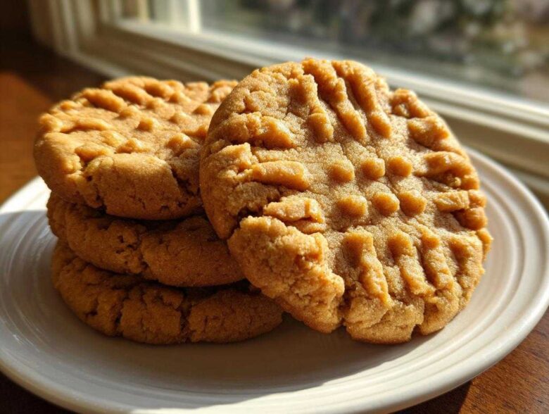 A stack of soft peanut butter cookies featuring the classic crisscross fork marks, illuminated by window light.