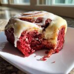 A close-up of a soft red velvet cinnamon rolls with thick cream cheese icing, showing a bite taken out.