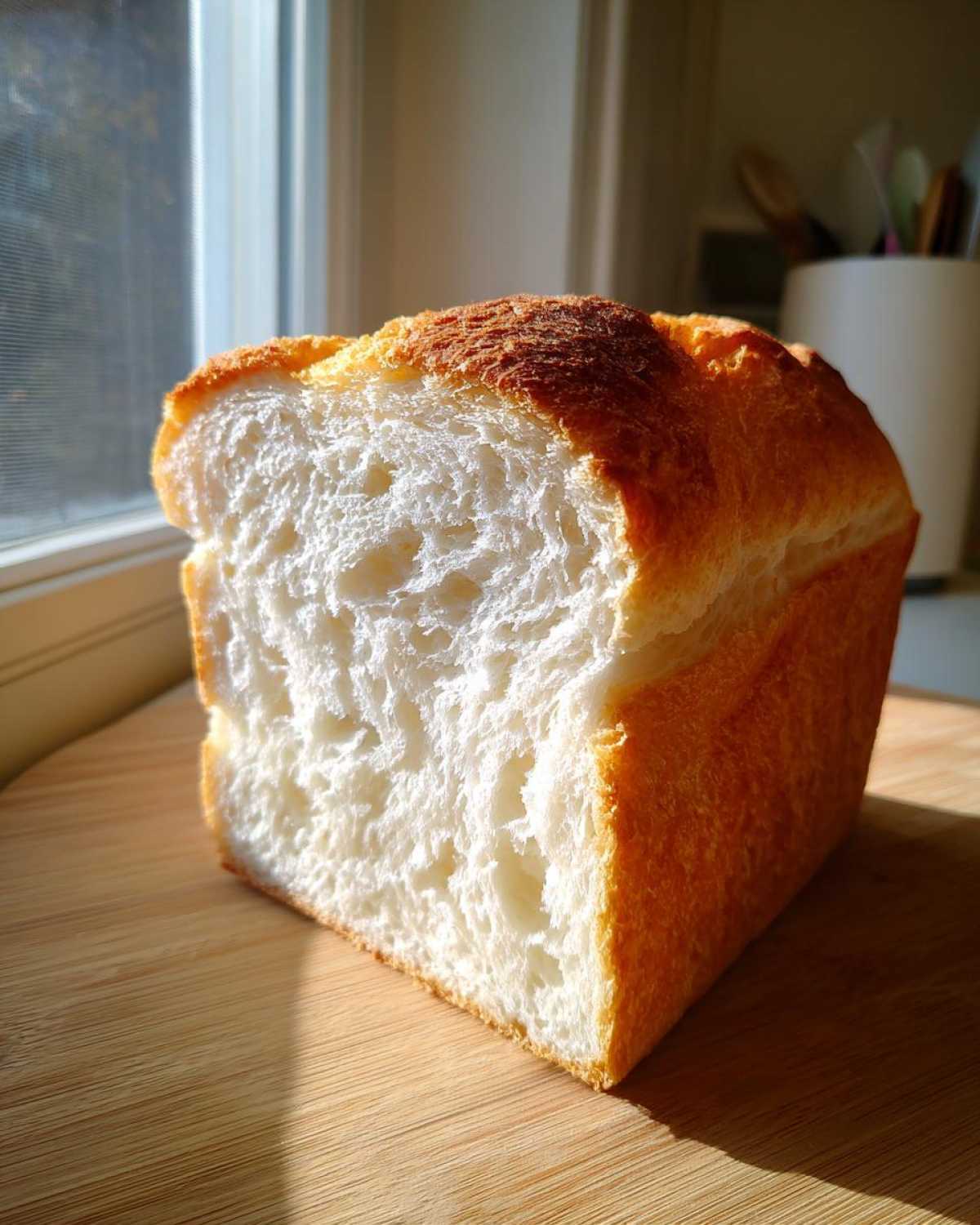 Close-up of a freshly baked loaf of sourdough sandwich bread showing its soft, white interior crumb.