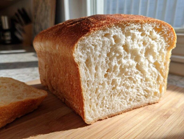 Close-up of a freshly baked loaf of soft sourdough sandwich bread, showing the fluffy, white interior crumb.