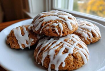 A stack of four soft spiced persimmon cookies drizzled generously with white vanilla icing on a white plate.