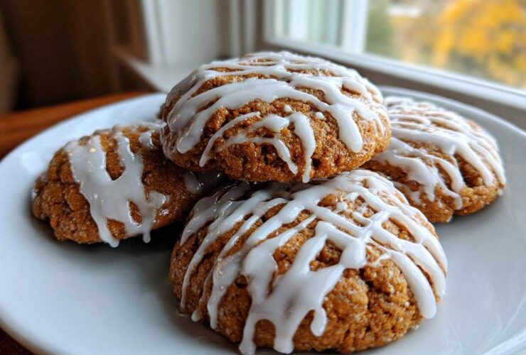 A stack of four soft spiced persimmon cookies drizzled generously with white vanilla icing on a white plate.