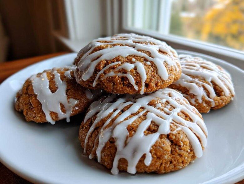 A stack of four soft spiced persimmon cookies drizzled generously with white vanilla icing on a white plate.